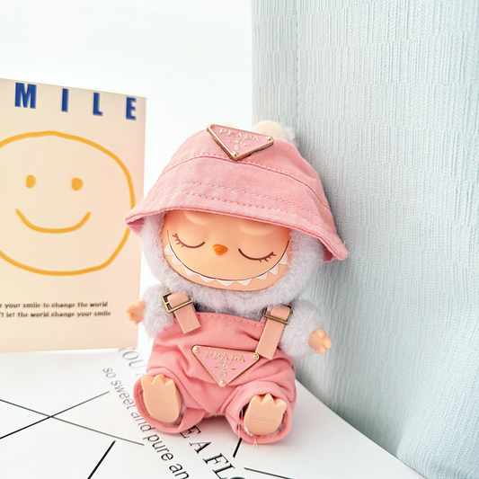 4inch bag charm cute custom clothes outfits - Pink logo overall & hat - 0523