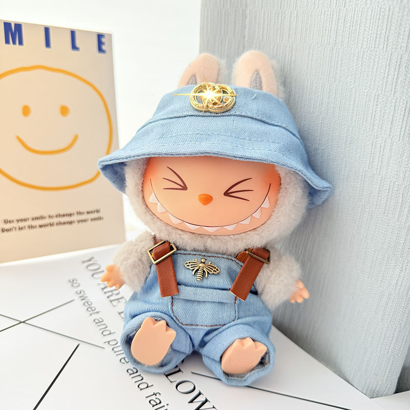 4inch bag charm cute custom clothes outfits - blue bee overall with hat - 0523