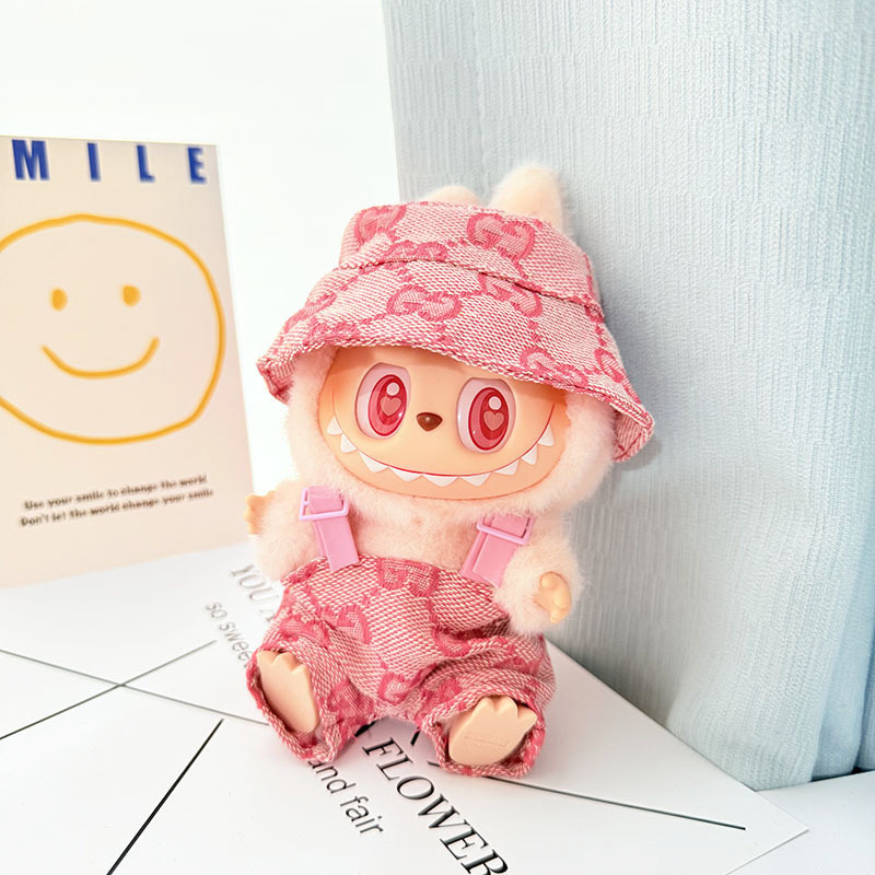 4inch bag charm cute custom clothes outfits -  pink overall with hat - 0523