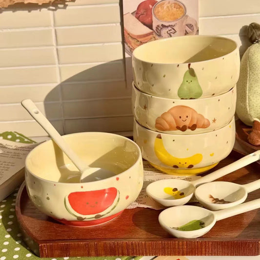 Adorable Cute Fruit Croissant Ceramic Rice Bowl Underglaze Tableware with Spoon set of 4