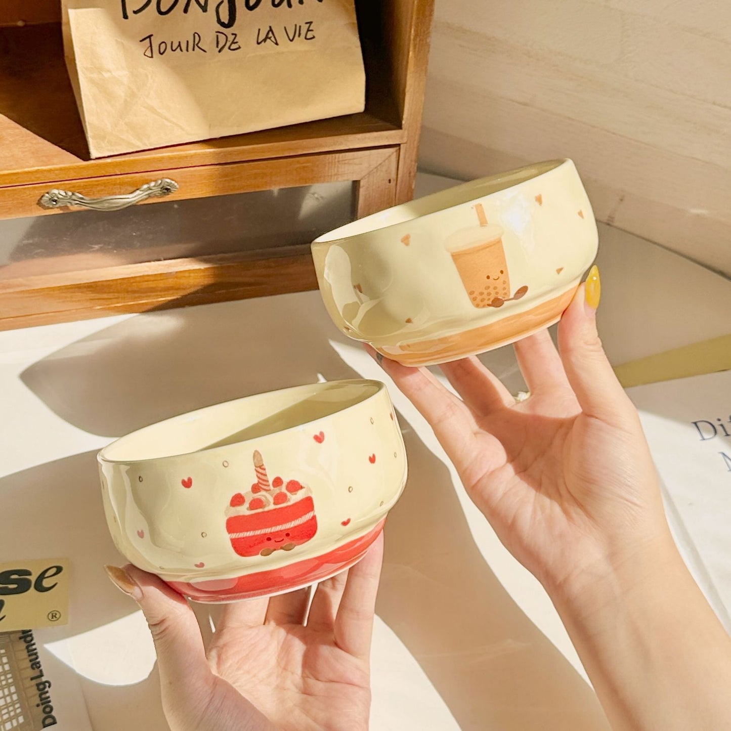 Adorable Ceramic Rice Bowl for Kids & Adults – Cute Underglaze Tableware set of 4