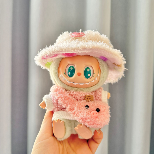 4inch bag charm clothes outfits - Pink fluffy coat, scarf & fluffy bucket hat