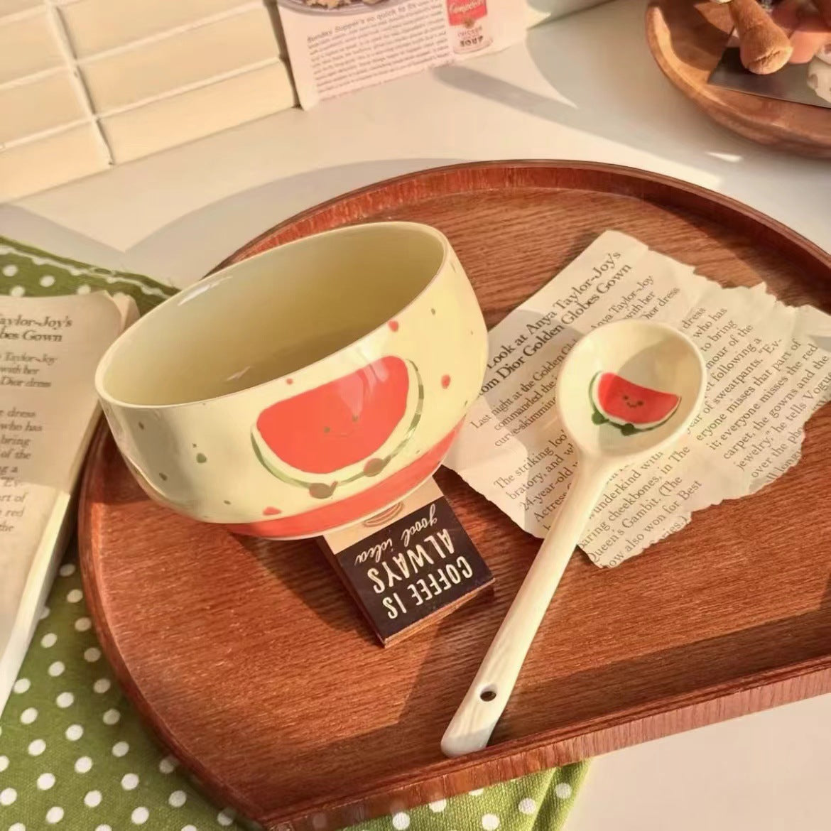 Adorable Cute Fruit Croissant Ceramic Rice Bowl Underglaze Tableware with Spoon set of 4
