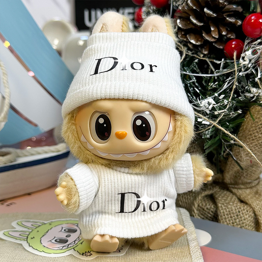 Labubu 4inch bag charm clothes outfits - White logo beanie set - 062315