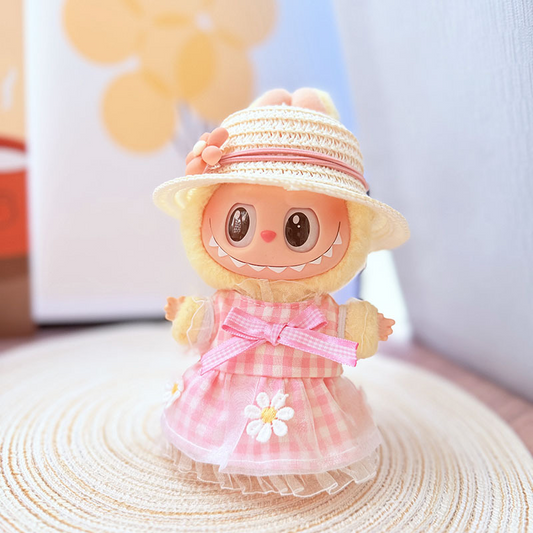 4inch bag charm cute custom clothes outfits - pink/blue flower dress & straw hat - 0523