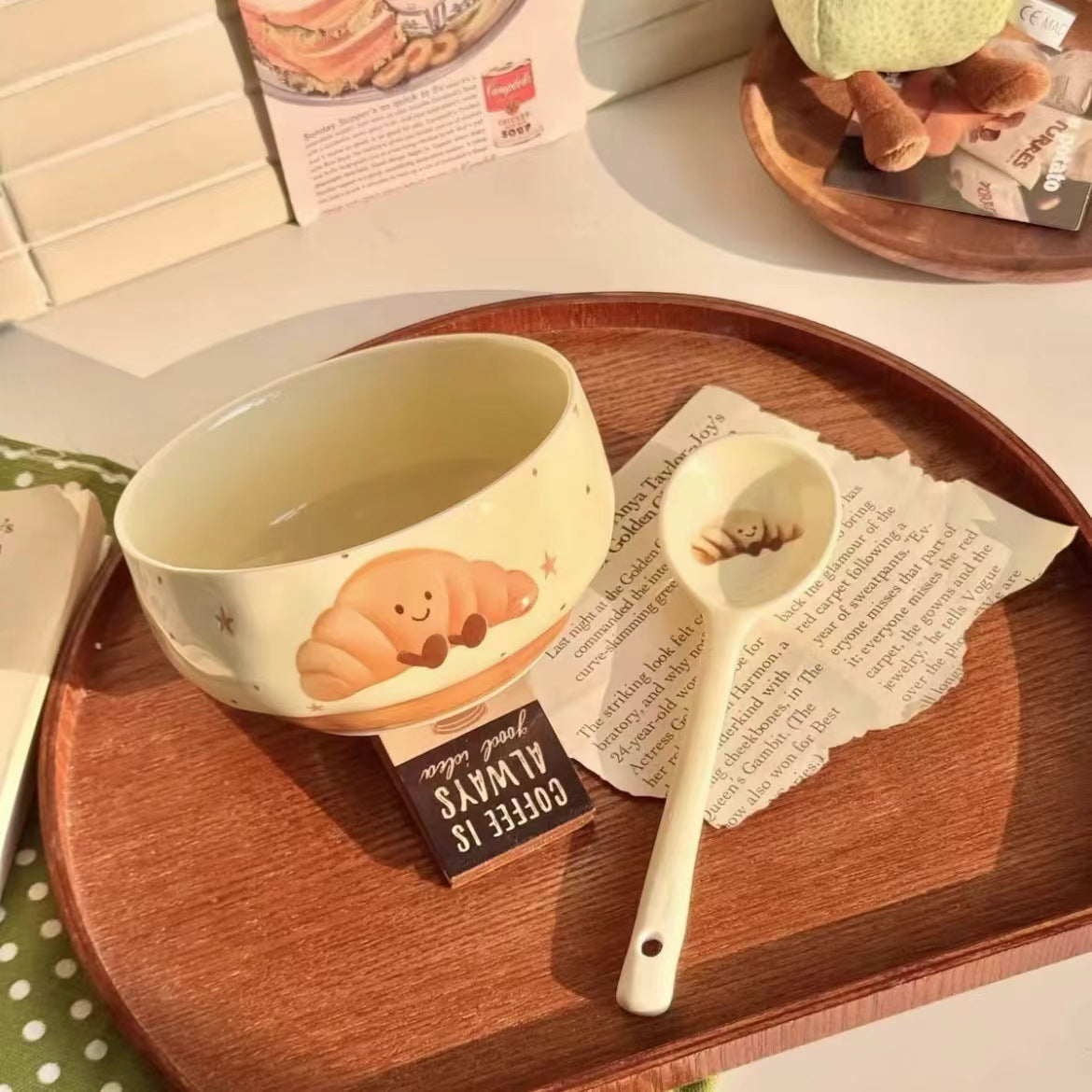 Adorable Cute Fruit Croissant Ceramic Rice Bowl Underglaze Tableware with Spoon set of 4