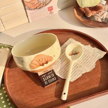 Adorable Cute Fruit Croissant Ceramic Rice Bowl Underglaze Tableware with Spoon set of 4