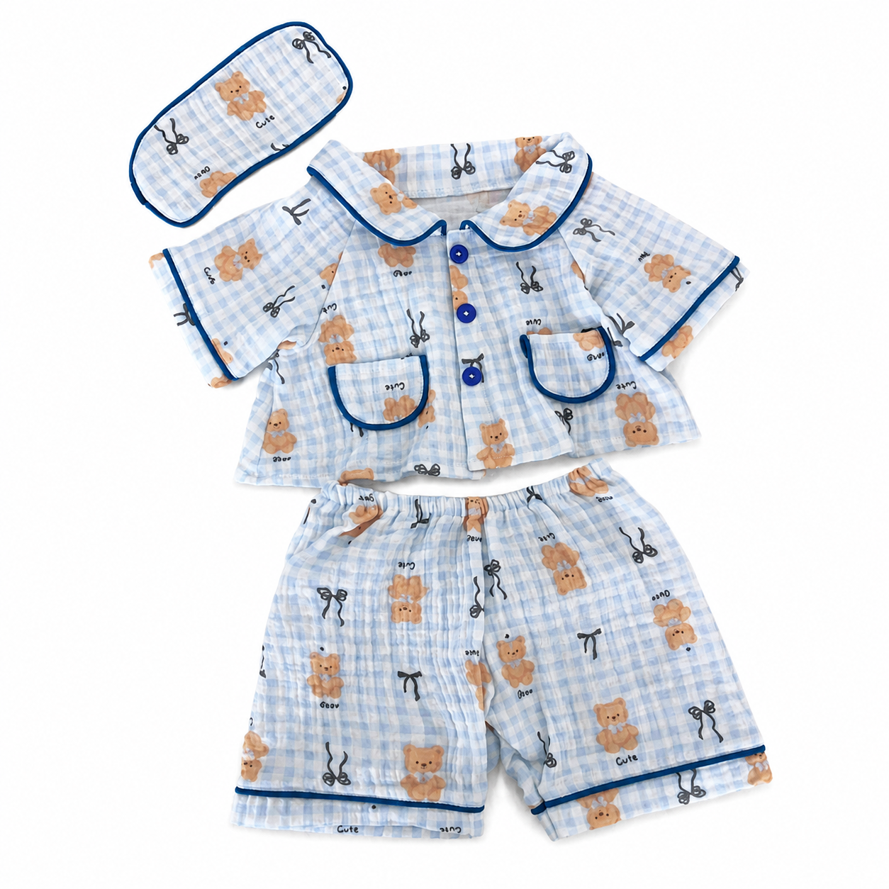 Bartholomew bear cute clothes outfits - Blue Plaid Bear Loungewear Set