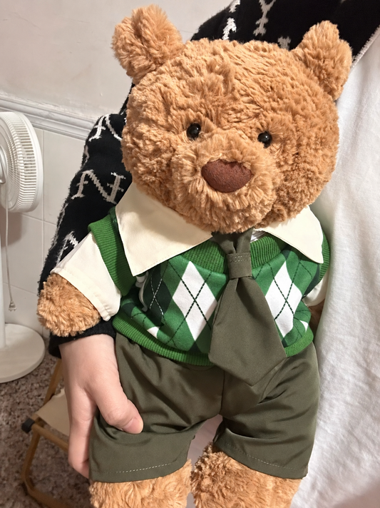 Green Argyle Vest 3-Piece Set for Bartholomew Bear Plush – 14-Inch Outfit