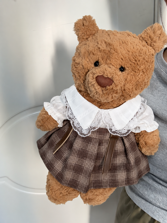 Gray Plaid Pinafore Dress for Bartholomew Bear Plush – 14-Inch Outfit