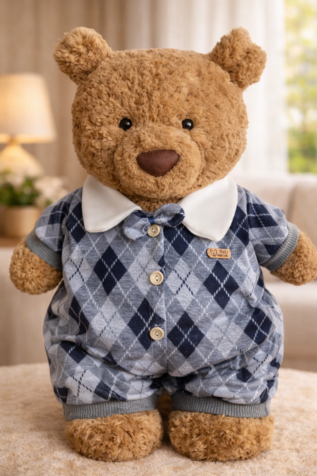 Bartholomew bear cute clothes outfits - Blue Argyle Knit Romper