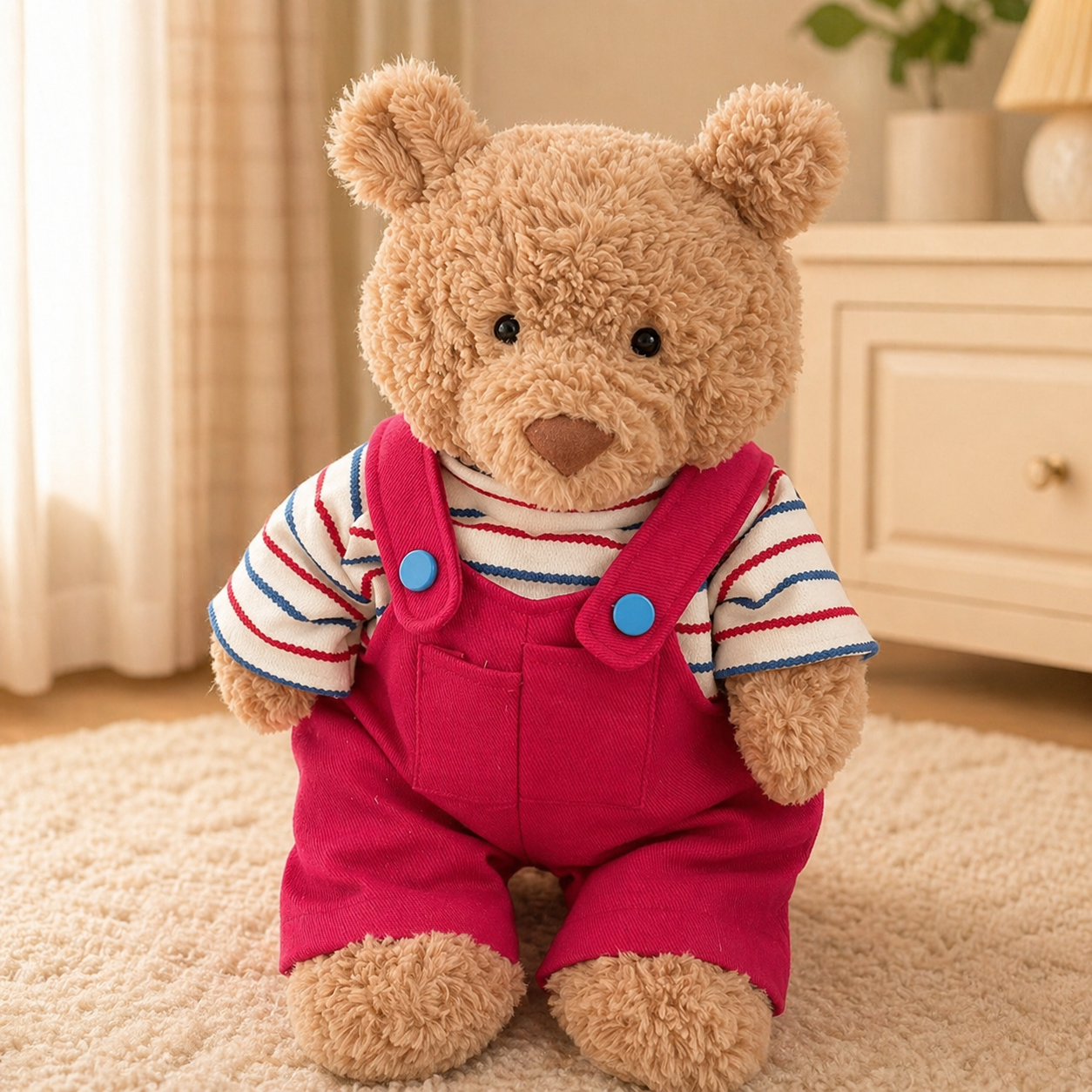Bartholomew bear cute clothes outfits - Striped T-Shirt & Overalls Outfit (Red)