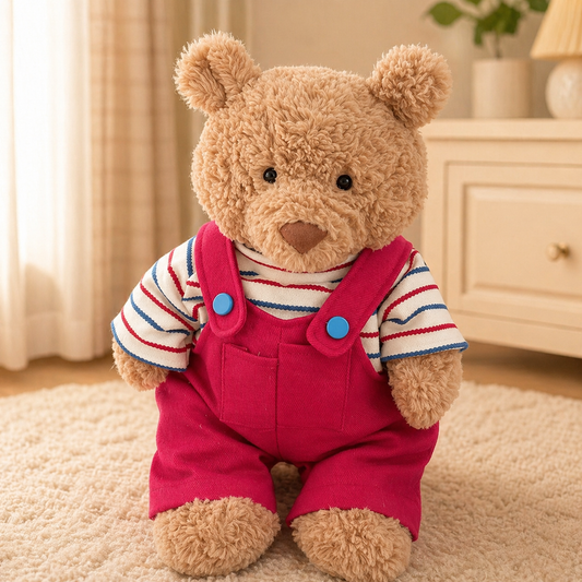 Bartholomew bear cute clothes outfits - Striped T-Shirt & Overalls Outfit (Red)