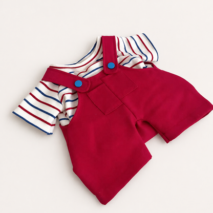 Bartholomew bear cute clothes outfits - Striped T-Shirt & Overalls Outfit (Red)
