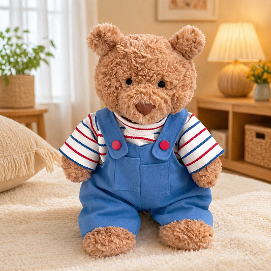 Bartholomew bear cute clothes outfits - Striped T-Shirt & Overalls Outfit (Blue)