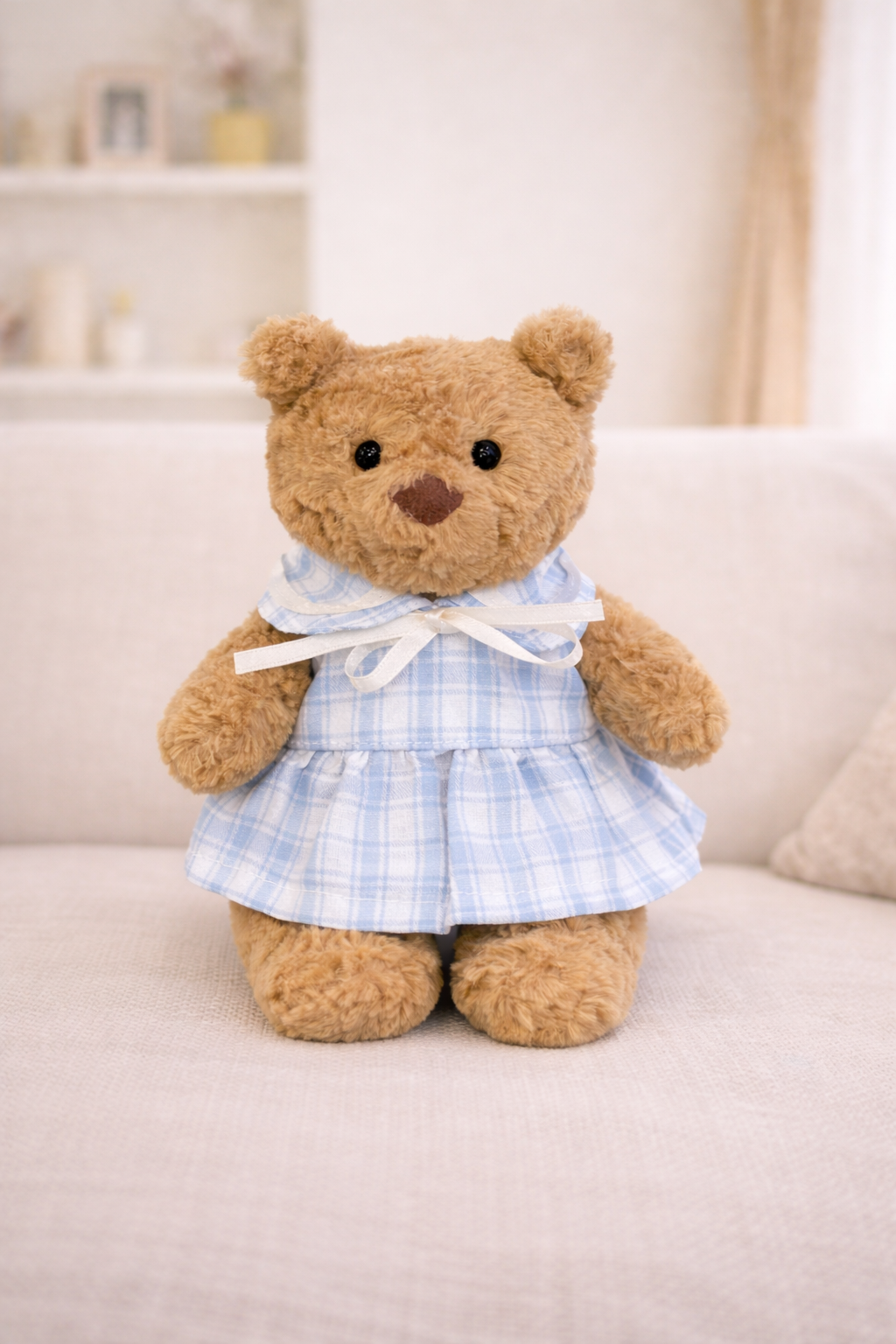 Niedliche, maßgeschneiderte Kleidung von Bartholomew Bear – blau/rosa kariertes Kleid – FX16/FX17 (Klein/Mittel/Groß/Riesig)