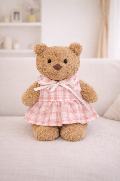 Niedliche, maßgeschneiderte Kleidung von Bartholomew Bear – blau/rosa kariertes Kleid – FX16/FX17 (Klein/Mittel/Groß/Riesig)