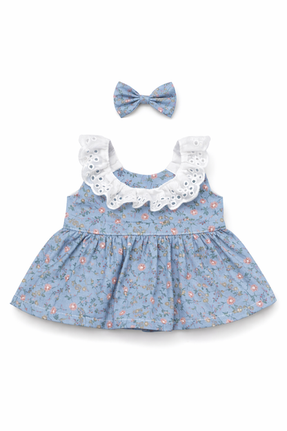 Niedliche, maßgeschneiderte Kleidung von Bartholomew Bär – blaues Blumenkleid – FX20 (Klein/Mittel/Groß/Riesig)