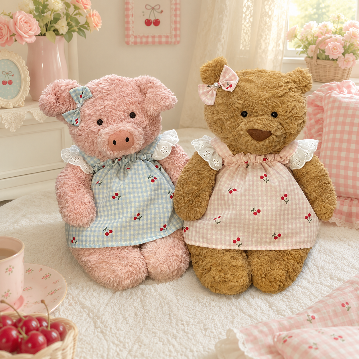 Bartholomew bear clothes outfits - Blue/Pink Plaid Cherry Pinafore Dress with Bow