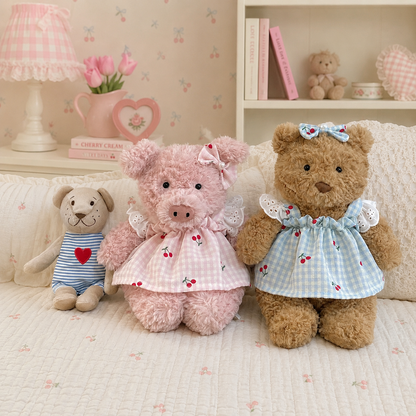 Bartholomew bear clothes outfits - Blue/Pink Plaid Cherry Pinafore Dress with Bow