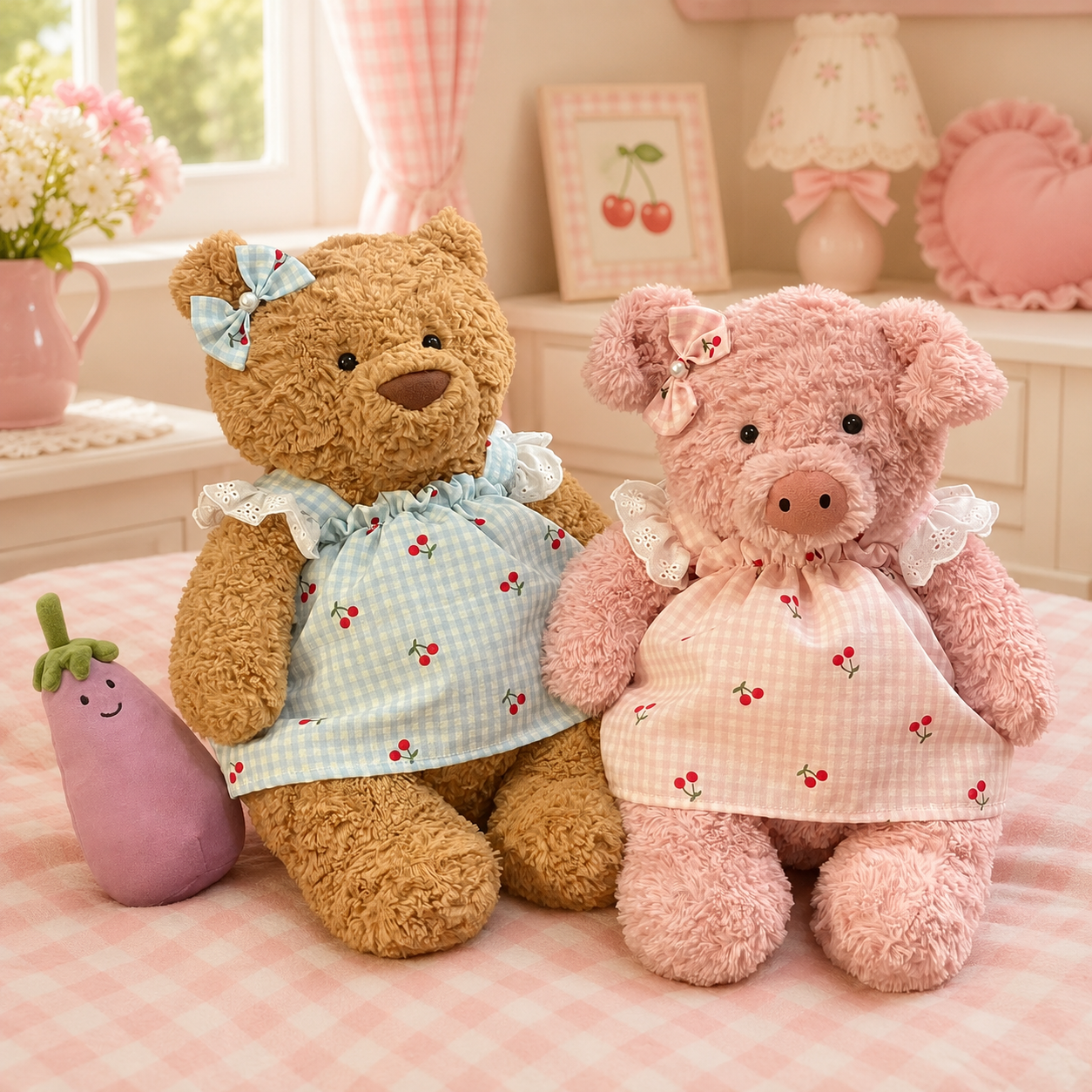 Bartholomew bear clothes outfits - Blue/Pink Plaid Cherry Pinafore Dress with Bow