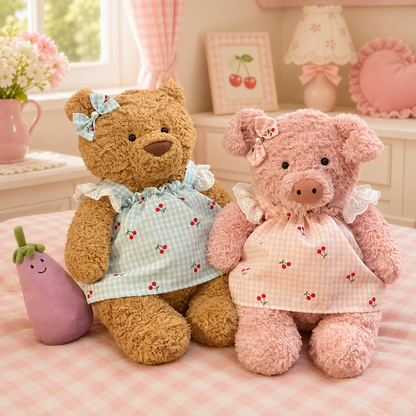 Bartholomew bear clothes outfits - Blue/Pink Plaid Cherry Pinafore Dress with Bow
