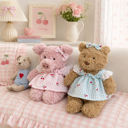 Bartholomew bear clothes outfits - Blue/Pink Plaid Cherry Pinafore Dress with Bow