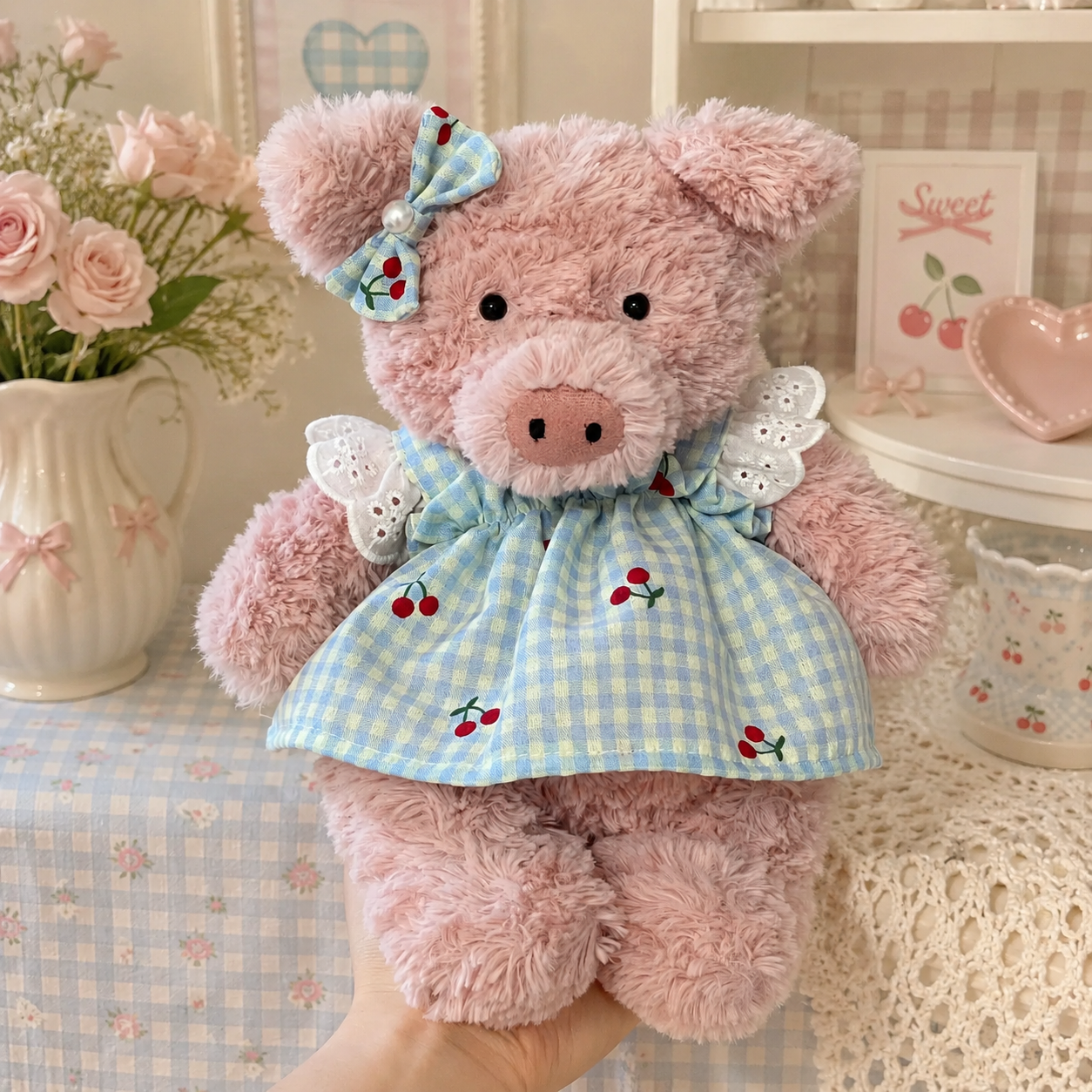 Bartholomew bear clothes outfits - Blue/Pink Plaid Cherry Pinafore Dress with Bow