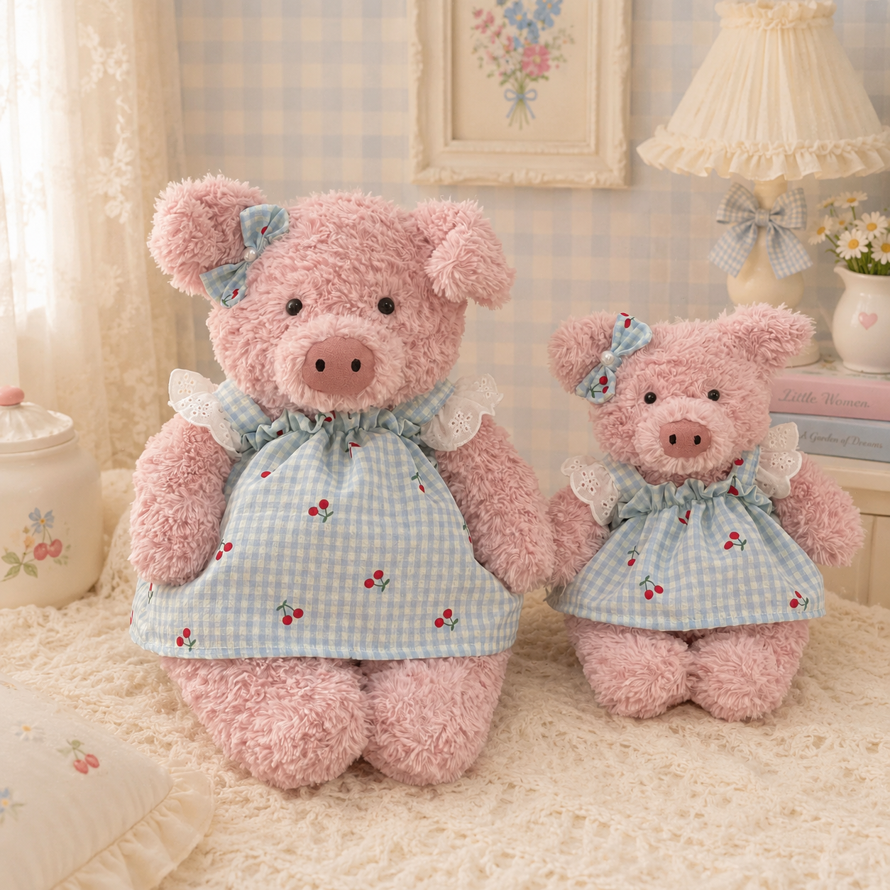 Bartholomew bear clothes outfits - Blue/Pink Plaid Cherry Pinafore Dress with Bow