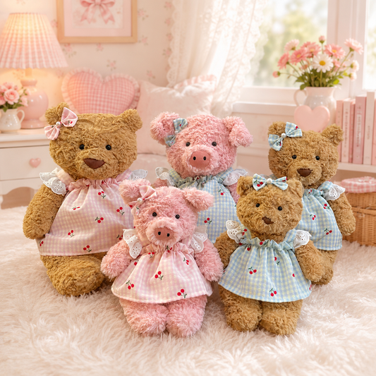 Bartholomew bear clothes outfits - Blue/Pink Plaid Cherry Pinafore Dress with Bow