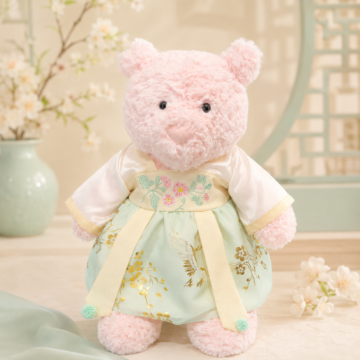 White & Green Chinese Hanfu Dress for Bartholomew Bear Plush – 14-Inch Outfit