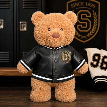 Large Bartholomew Bear & 16" Plush Clothes Outfit - Black Varsity Jacket