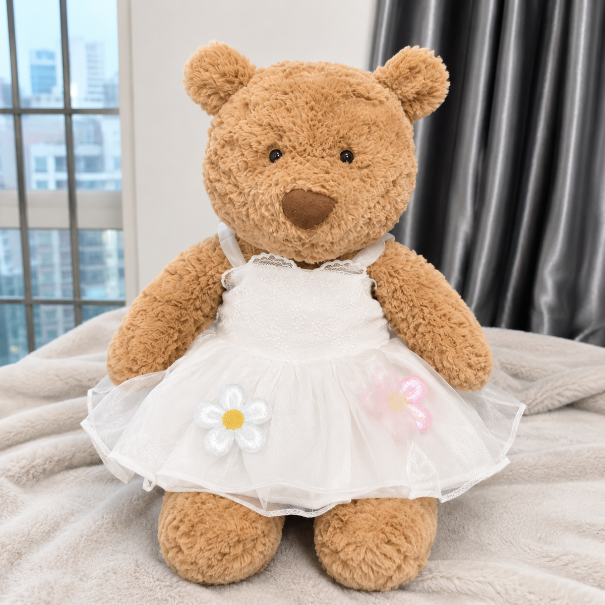 Rainbow Floral White Tulle Dress for Bartholomew Bear Plush – 14-Inch Outfit