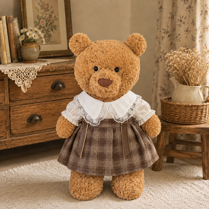 Gray Plaid Pinafore Dress for Bartholomew Bear Plush – 14-Inch Outfit