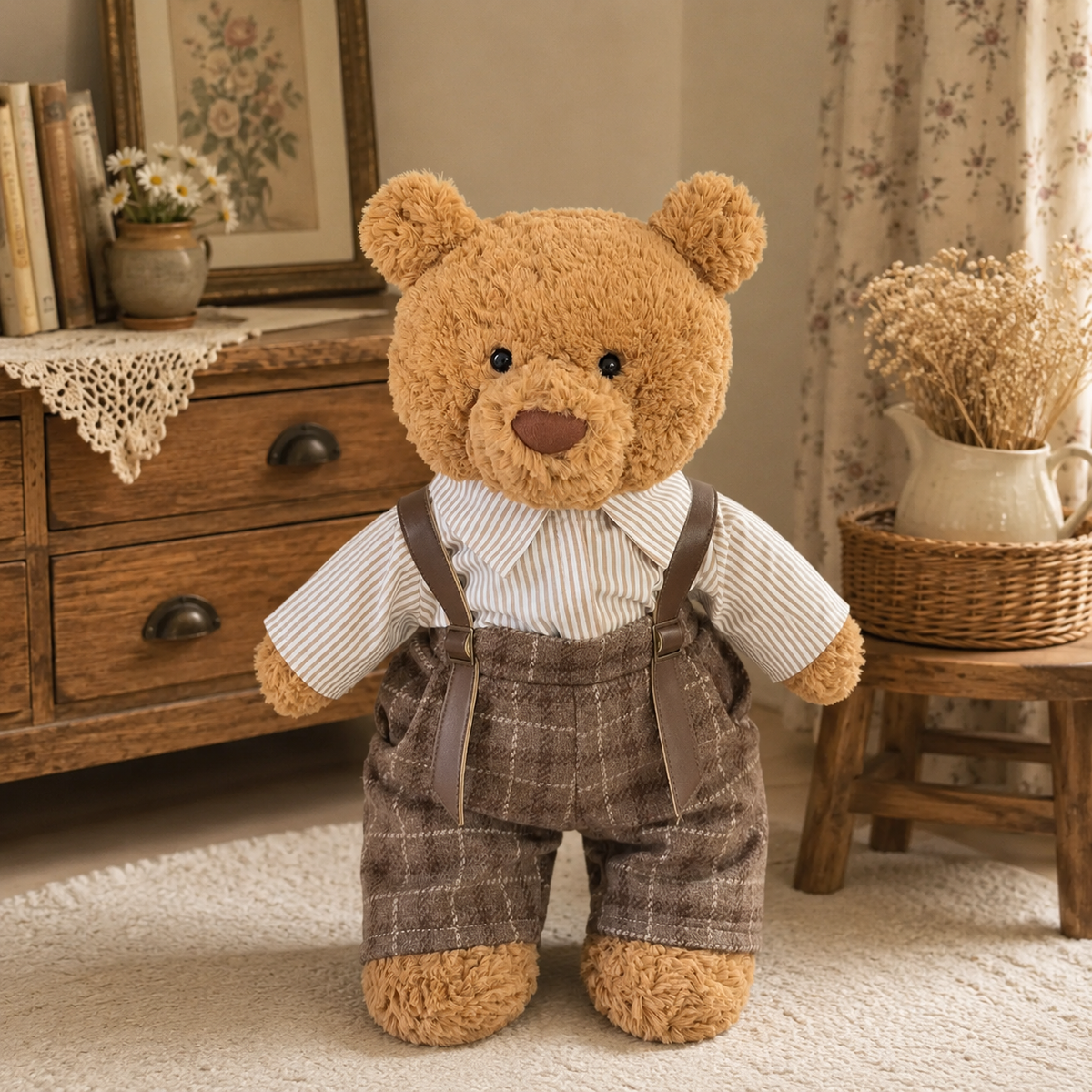 Striped Shirt & Gray Plaid Overalls Outfit for Bartholomew Bear Plush – 14-Inch Outfit
