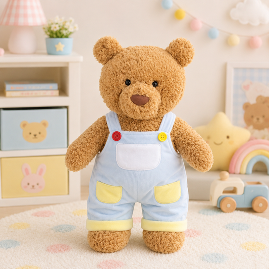 Large Bartholomew Bear & 16" Plush Clothes Outfit - Blue Rolled-Cuff Overalls