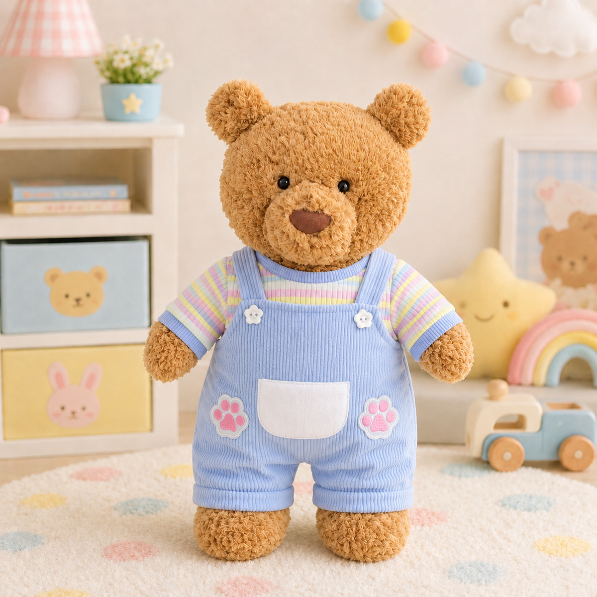 Blue Ribbed Overalls Outfit Set for Bartholomew Bear Plush – 14-Inch Outfit