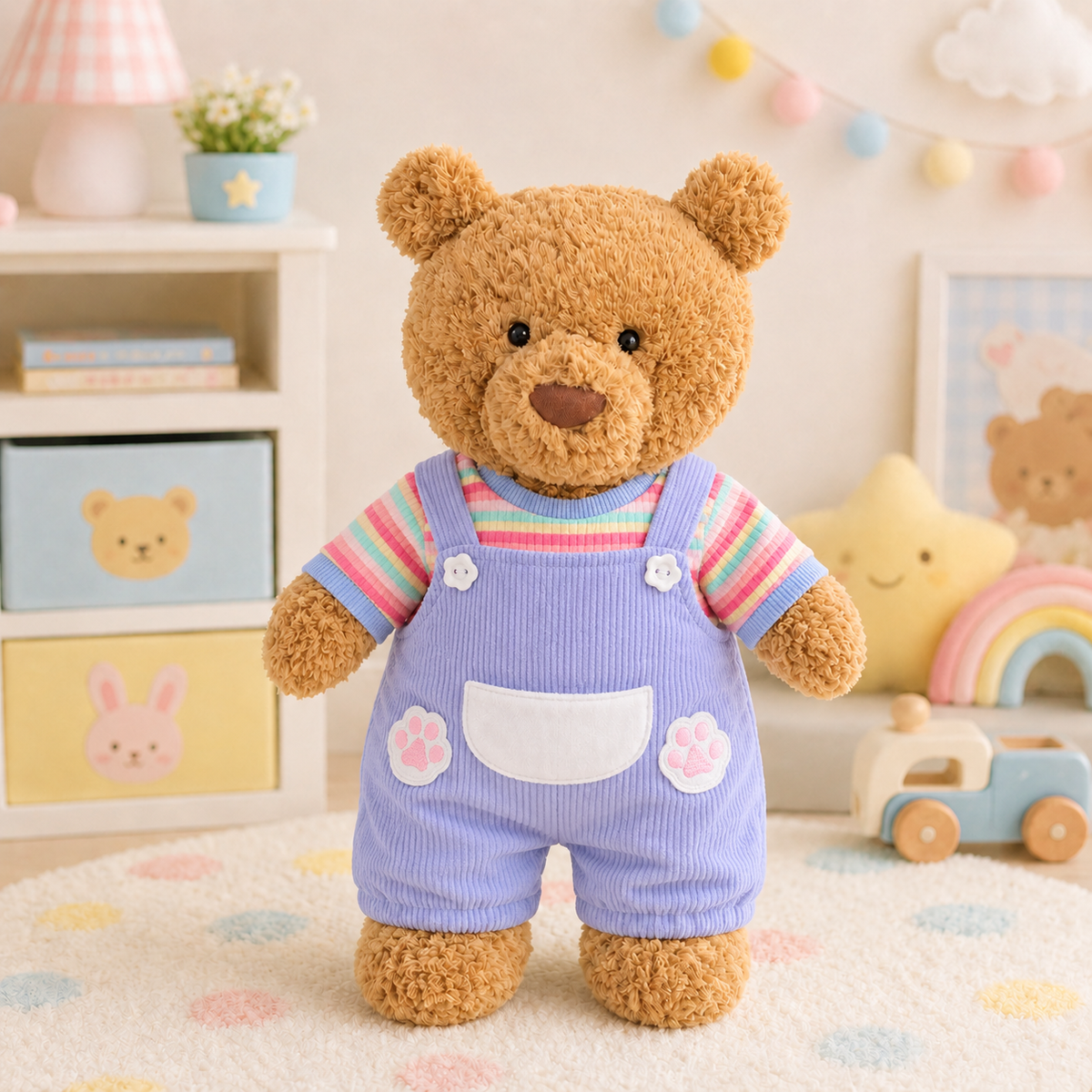 Purple Ribbed Overalls Outfit Set for Bartholomew Bear Plush – 14-Inch Outfit