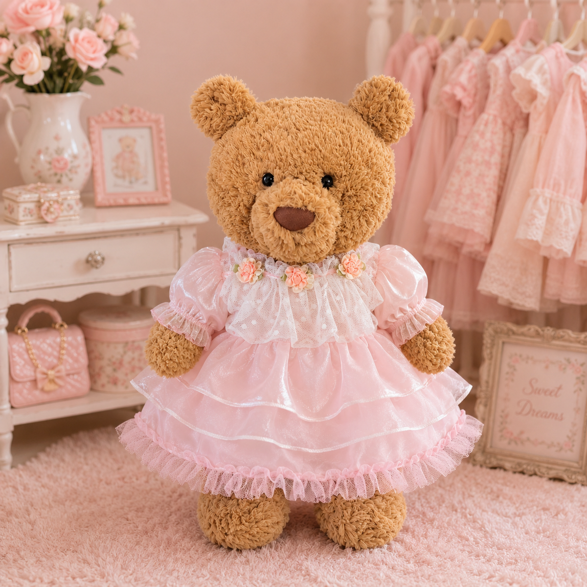 Pink Organza Bubble Dress for Bartholomew Bear Plush – 14-Inch Outfit