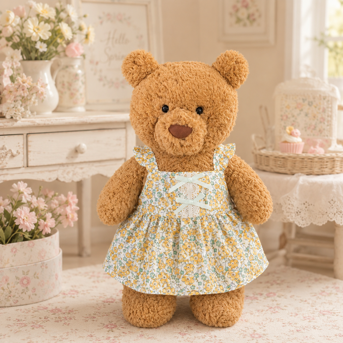 Yellow Floral Dress with Bow Costume for Bartholomew Bear Plush – 14-Inch Outfit