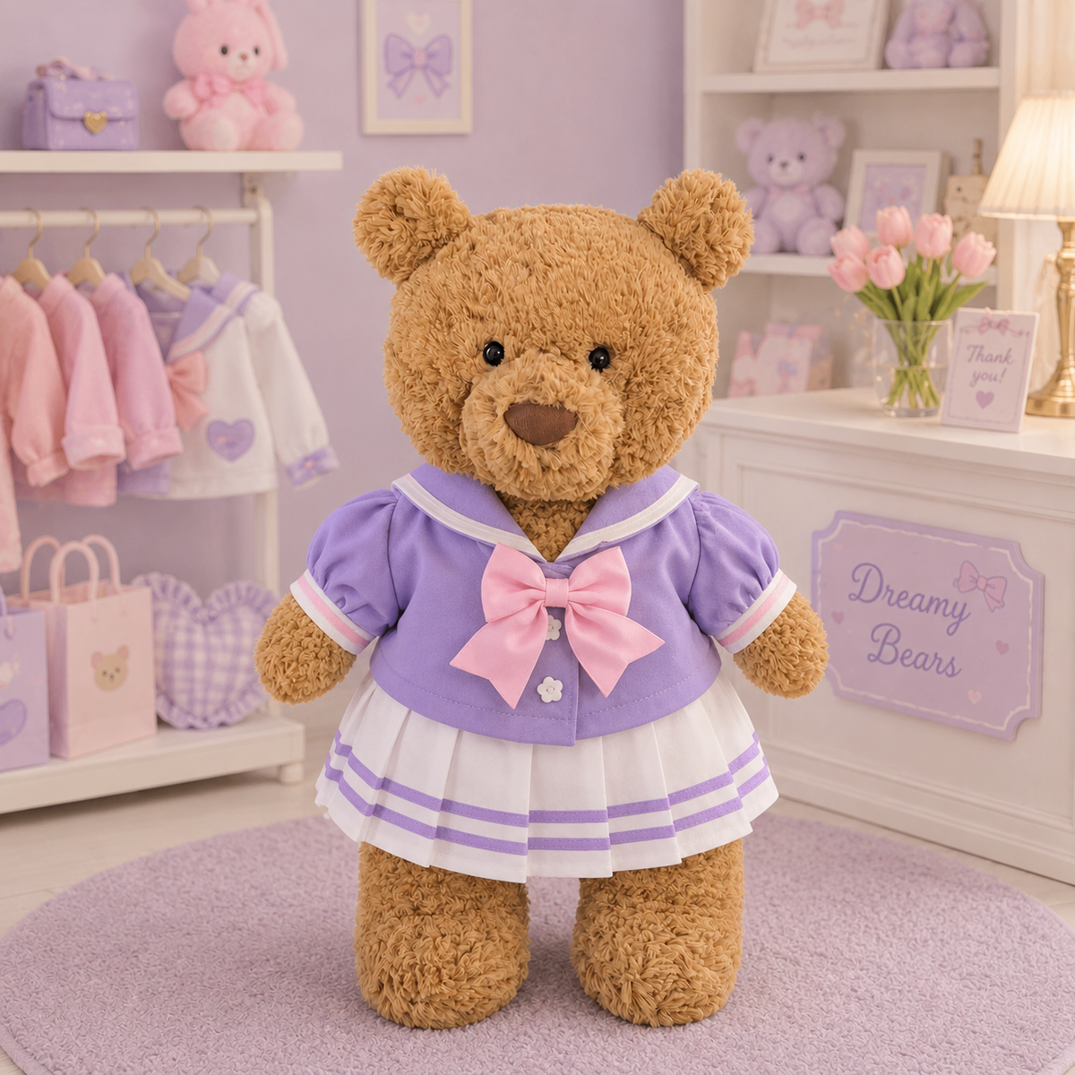 Lavender Sailor Top & White Skirt Outfit for Bartholomew Bear Plush – 14-Inch Outfit