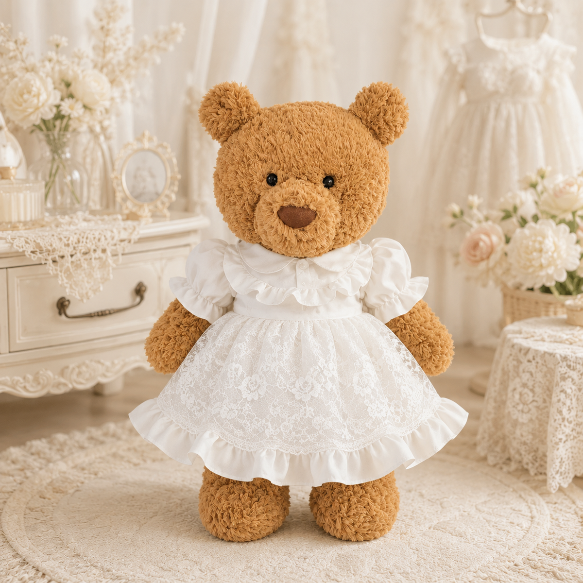 White Peter Pan Collar Lace Puffy Dress for Bartholomew Bear Plush – 14-Inch Outfit