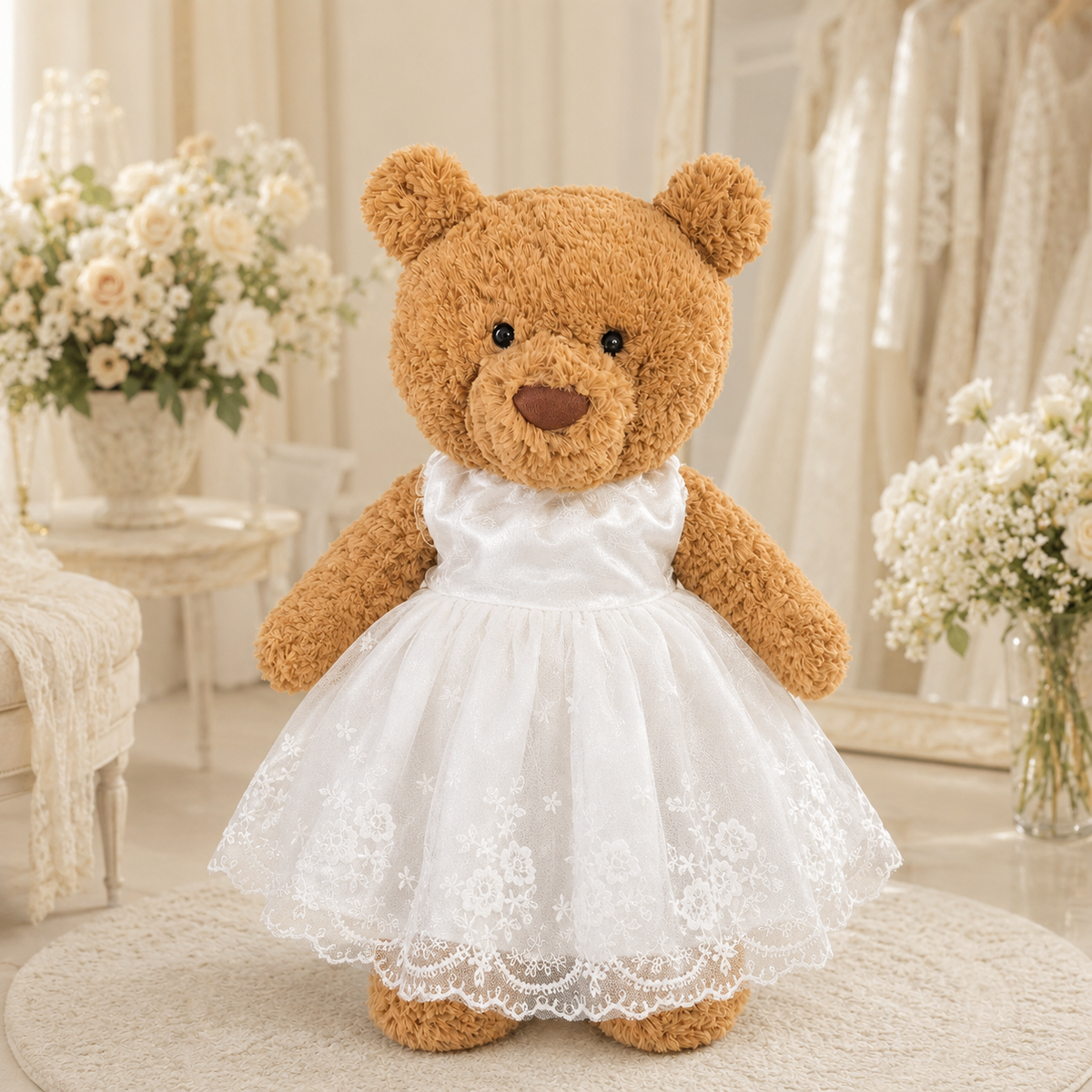 White Sequin Lace Dress for Bartholomew Bear Plush – 14-Inch Outfit