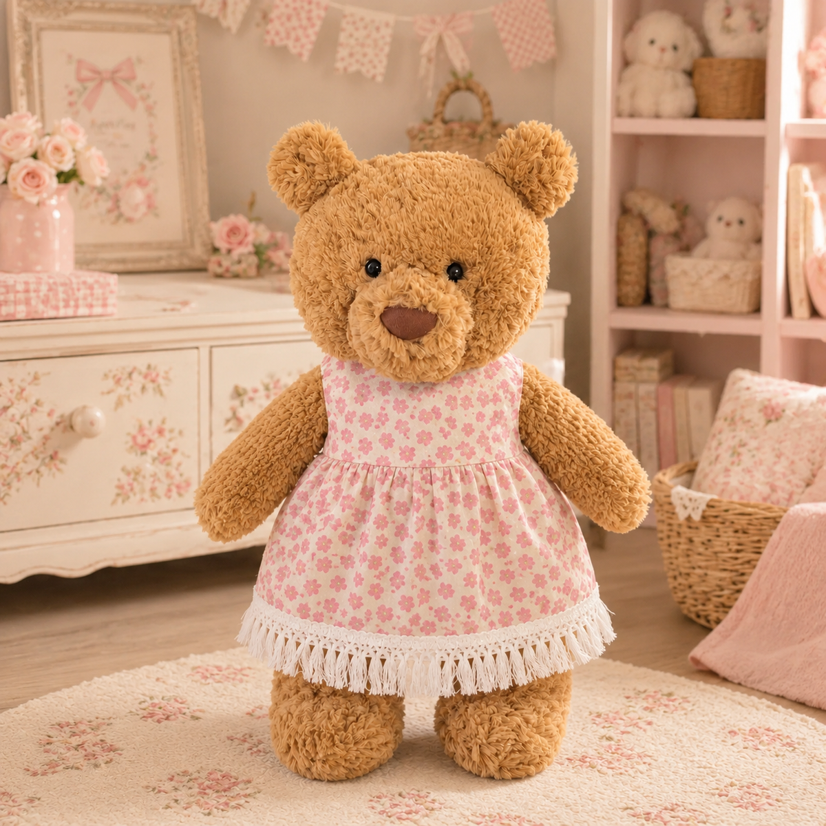 Pink Floral Fringe Dress for Bartholomew Bear Plush – 14-Inch Outfit