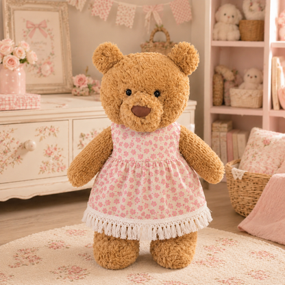 Pink Floral Fringe Dress for Bartholomew Bear Plush – 14-Inch Outfit