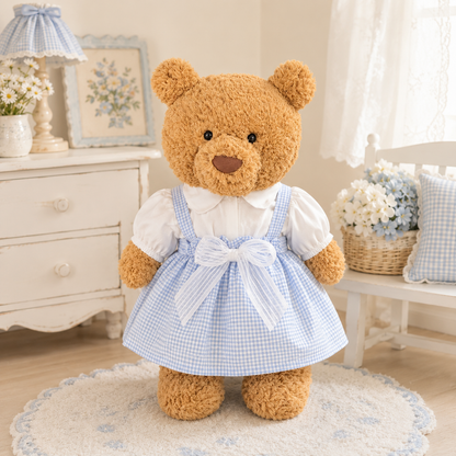 Blue Plaid Pinafore Dress & Blouse Outfit for Bartholomew Bear Plush – 14-Inch Outfit