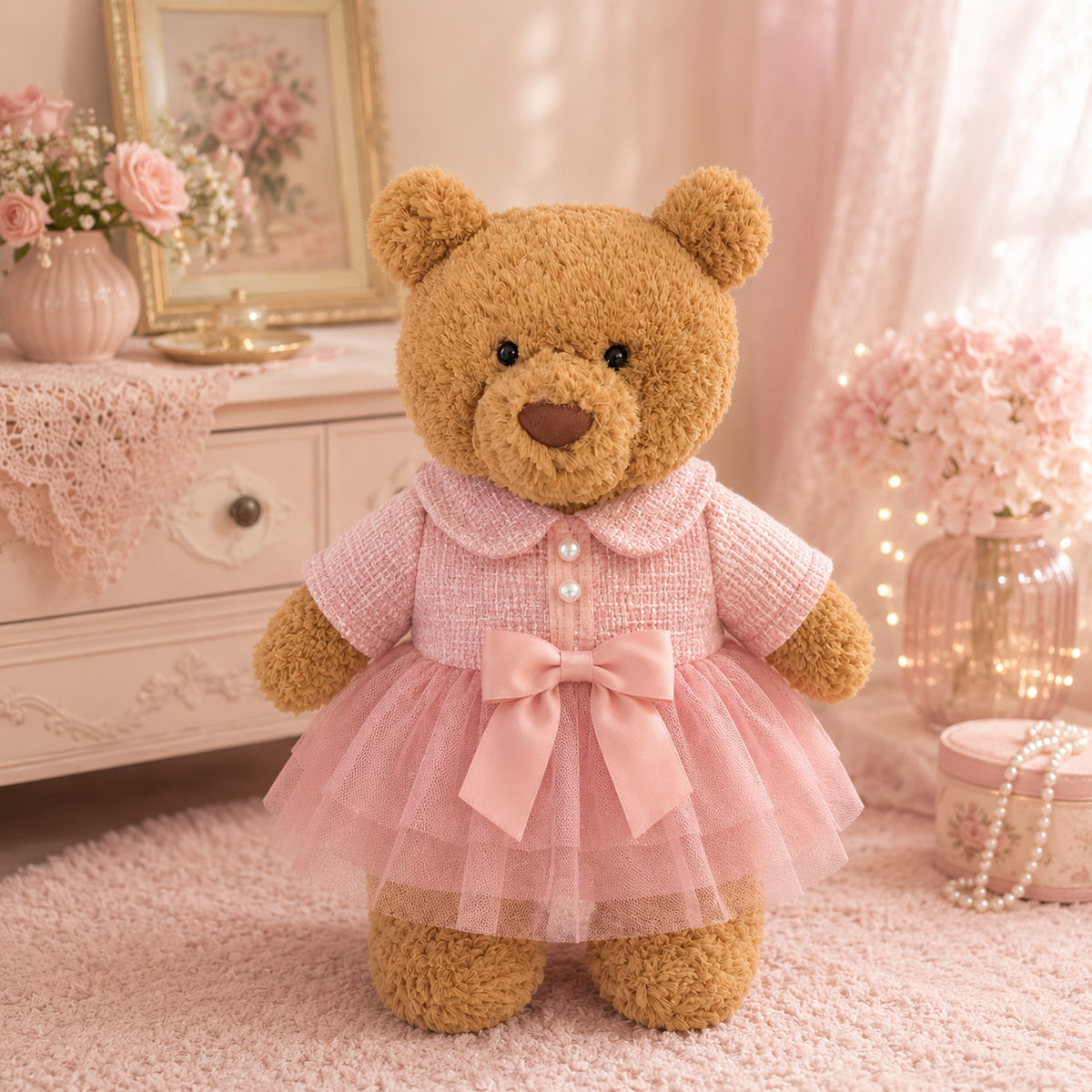Pink Tweed Tulle Dress for Bartholomew Bear Plush – 14-Inch Outfit