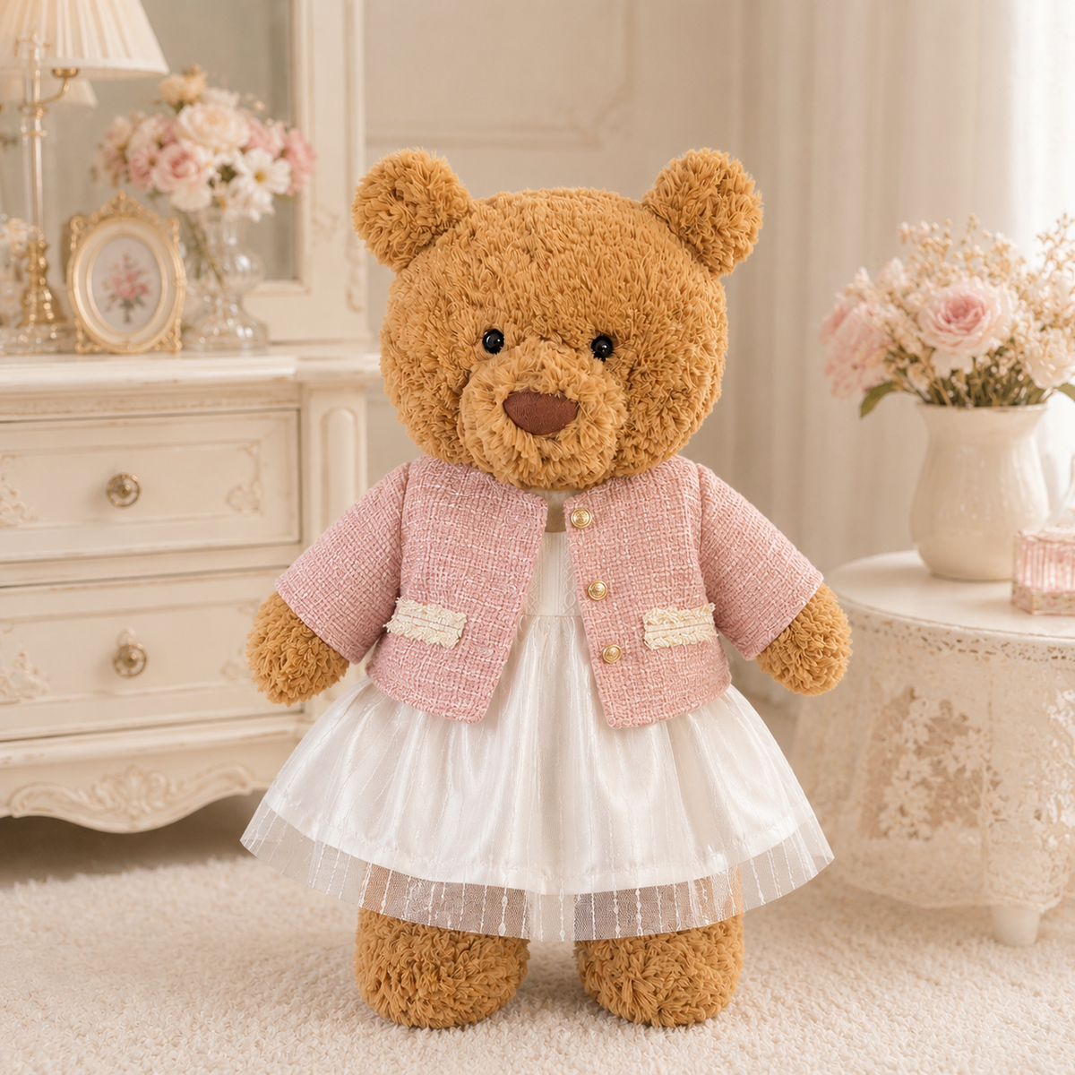 Pink Tweed & White Tulle Dress for Bartholomew Bear Plush – 14-Inch Outfit