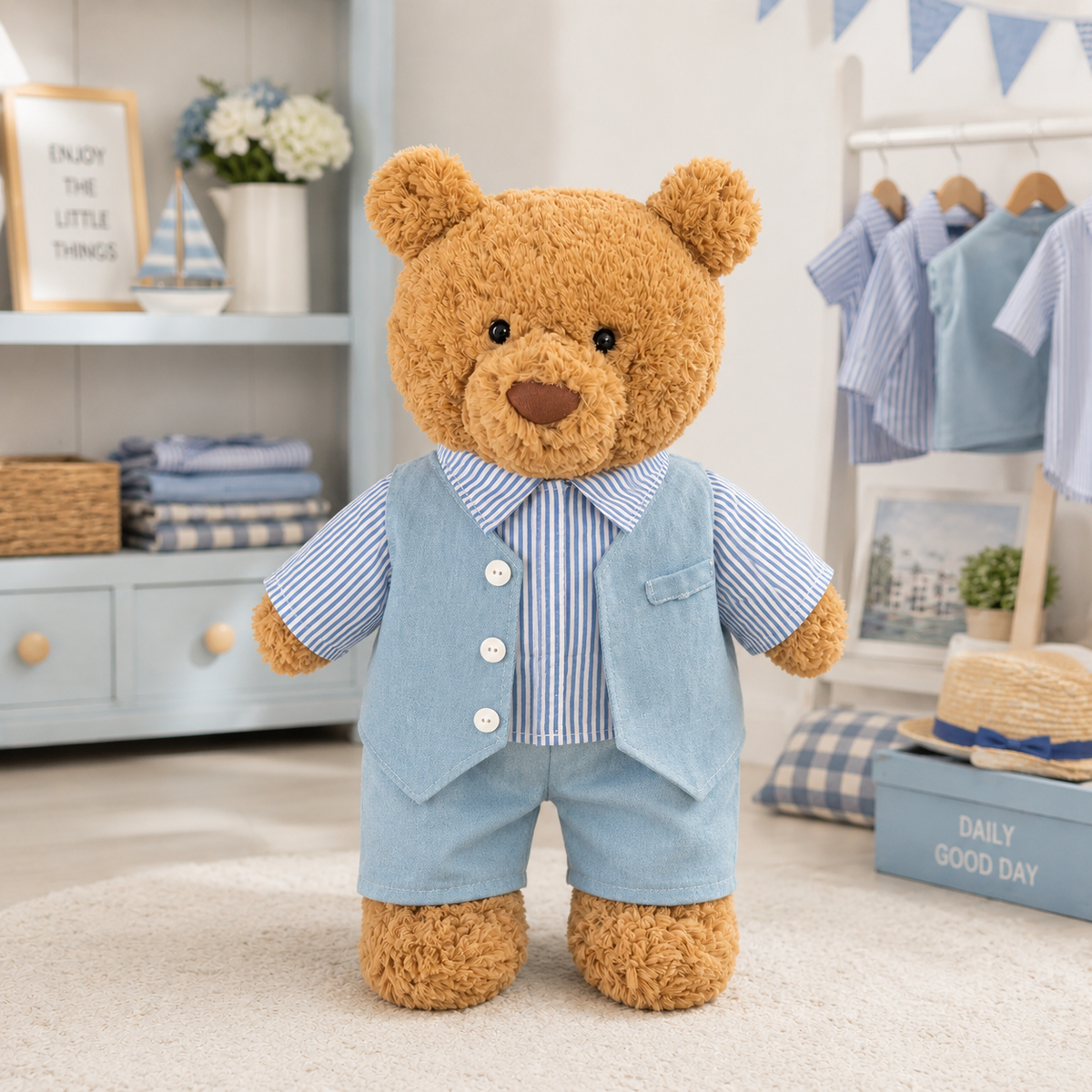 Light Blue Striped Vest 3-Piece Outfit Set for Bartholomew Bear Plush – 14-Inch Outfit