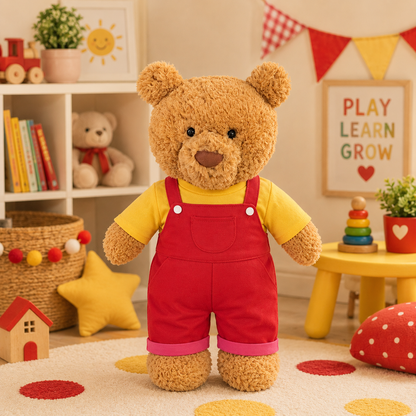 Red Overalls & Yellow T-Shirt Outfit for Bartholomew Bear Plush – 14-Inch Outfit